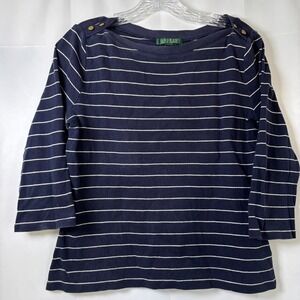 Lauren Ralph Lauren Size Large Blue / White Stripe Top Womens Boat Neck Cotton